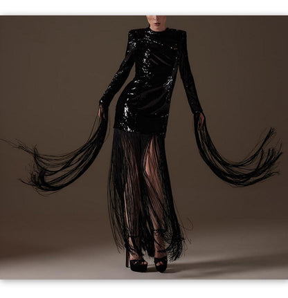 Long Black Fringed Sequin Dress featuring fringe sleeves and a stylish slit