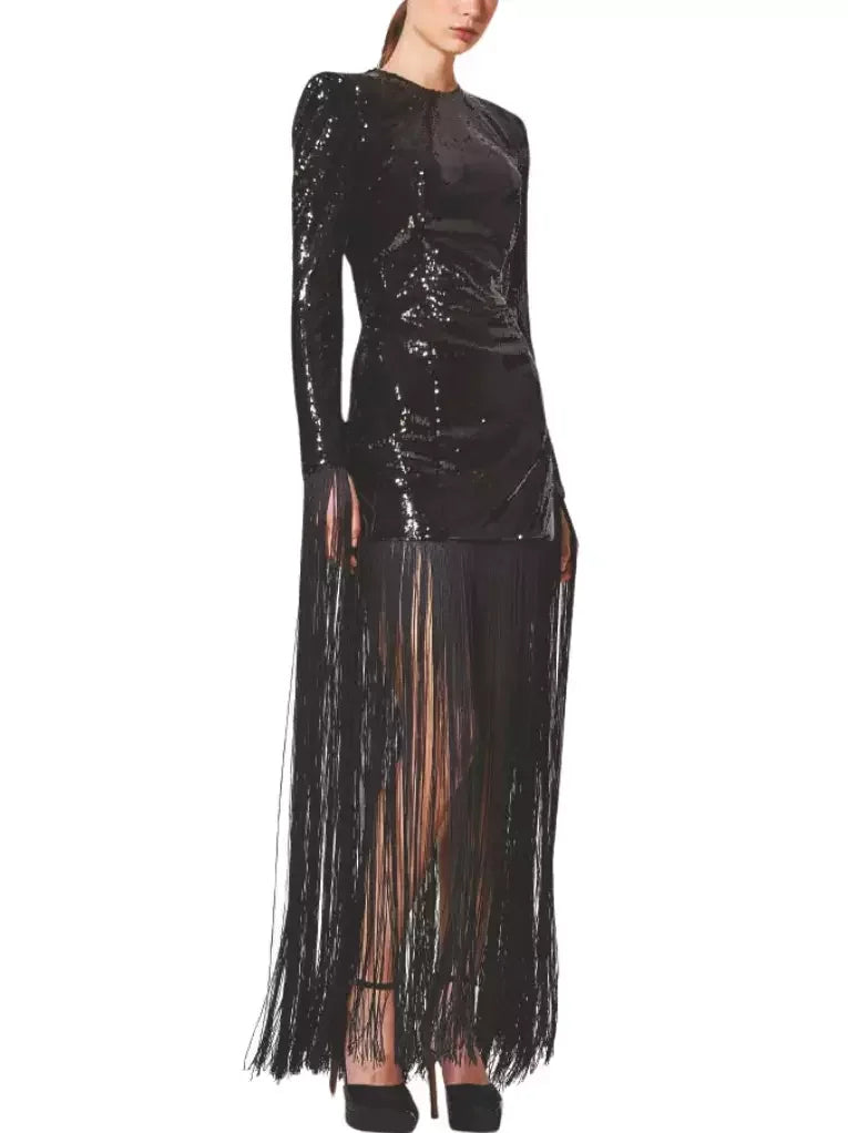 Elegant long black fringed sequin dress featuring shimmering sequins and stylish fringe