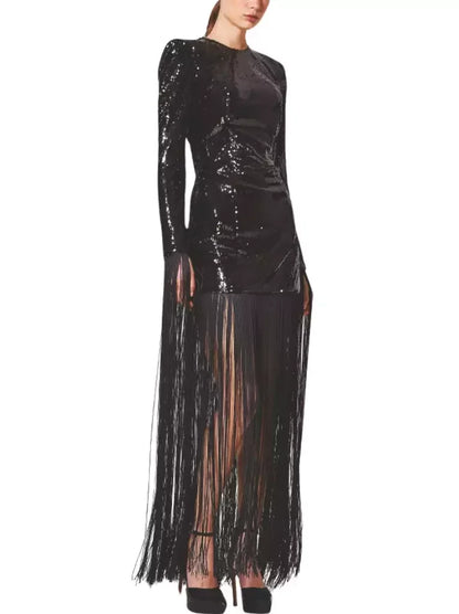 Elegant long black fringed sequin dress featuring shimmering sequins and stylish fringe