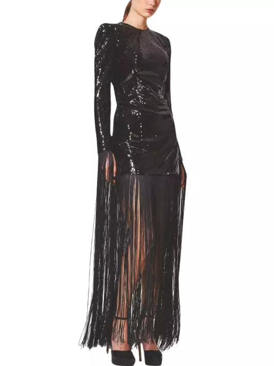 Elegant long black fringed sequin dress featuring shimmering sequins and stylish fringe