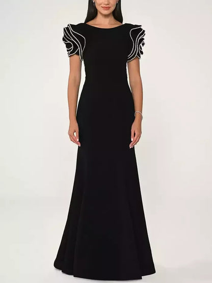 Long Black Gown with Short Crystal-Embellished Sculptured Sleeves - S - Dresses