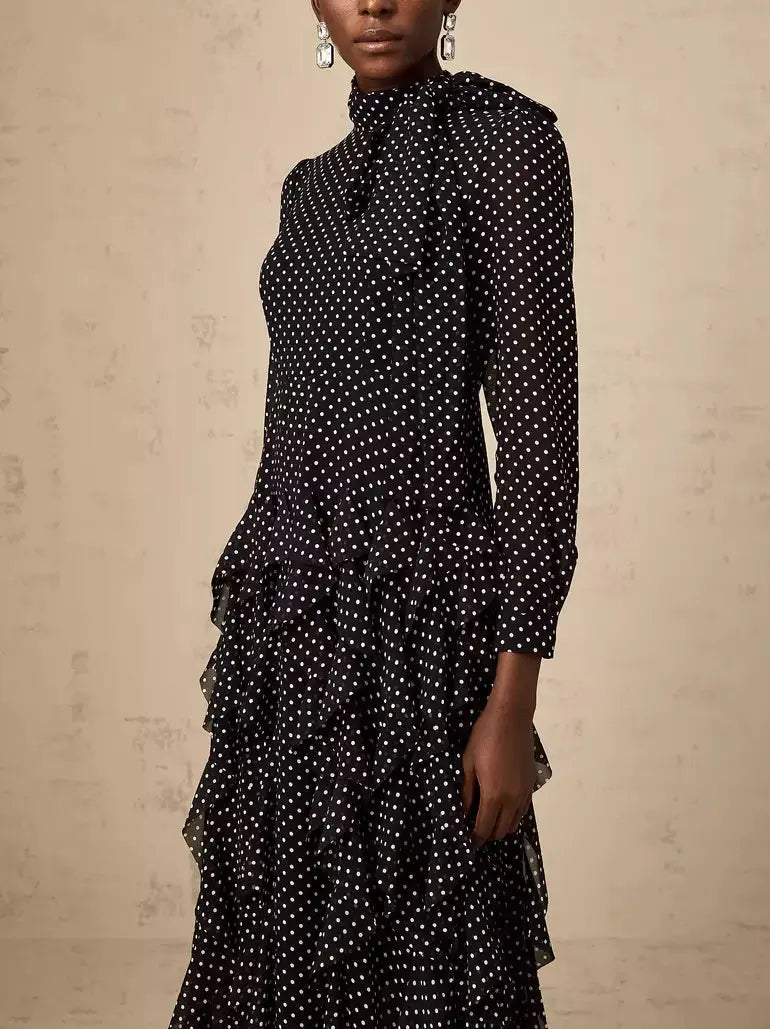 Long Black Ruffled Polka-Dot Tie-Neck Dress - Dresses