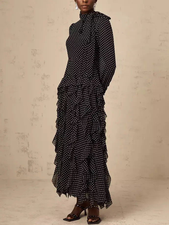 Long Black Ruffled Polka-Dot Tie-Neck Dress - Dresses