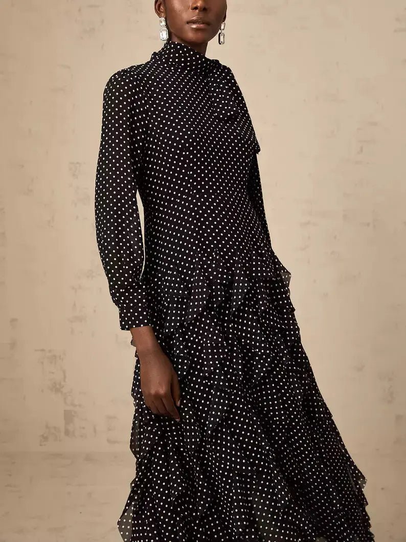 Long Black Ruffled Polka-Dot Tie-Neck Dress - Dresses