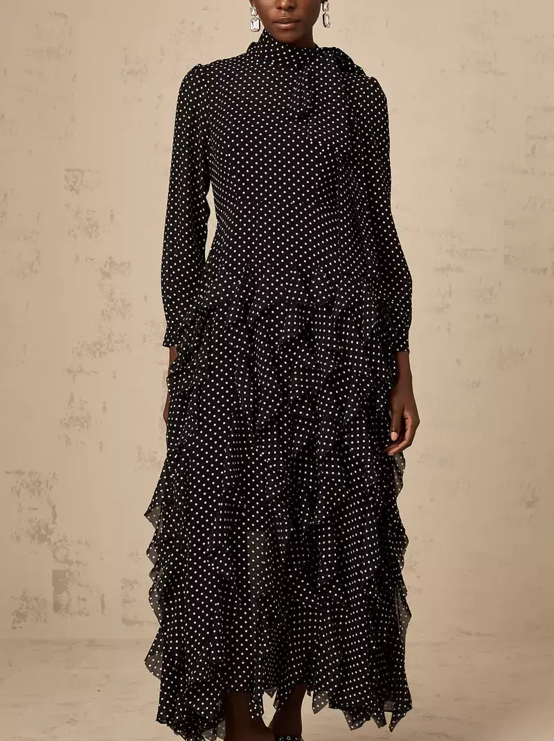 Long Black Ruffled Polka-Dot Tie-Neck Dress - Dresses