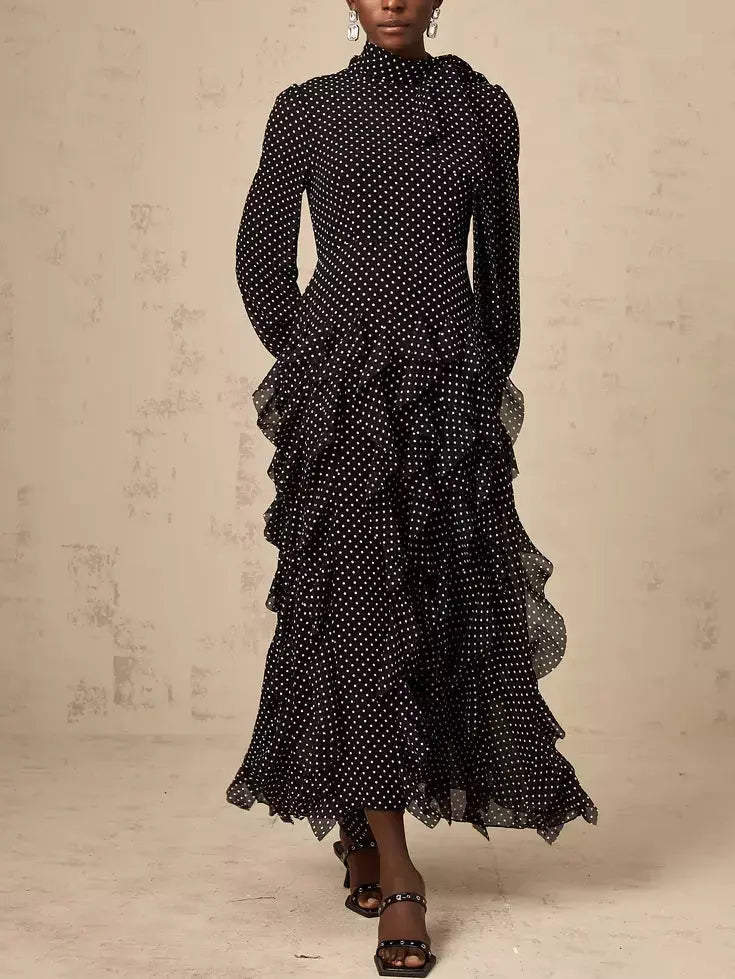 Long Black Ruffled Polka-Dot Tie-Neck Dress - Dresses