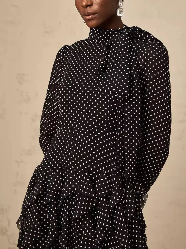 Long Black Ruffled Polka-Dot Tie-Neck Dress - Dresses