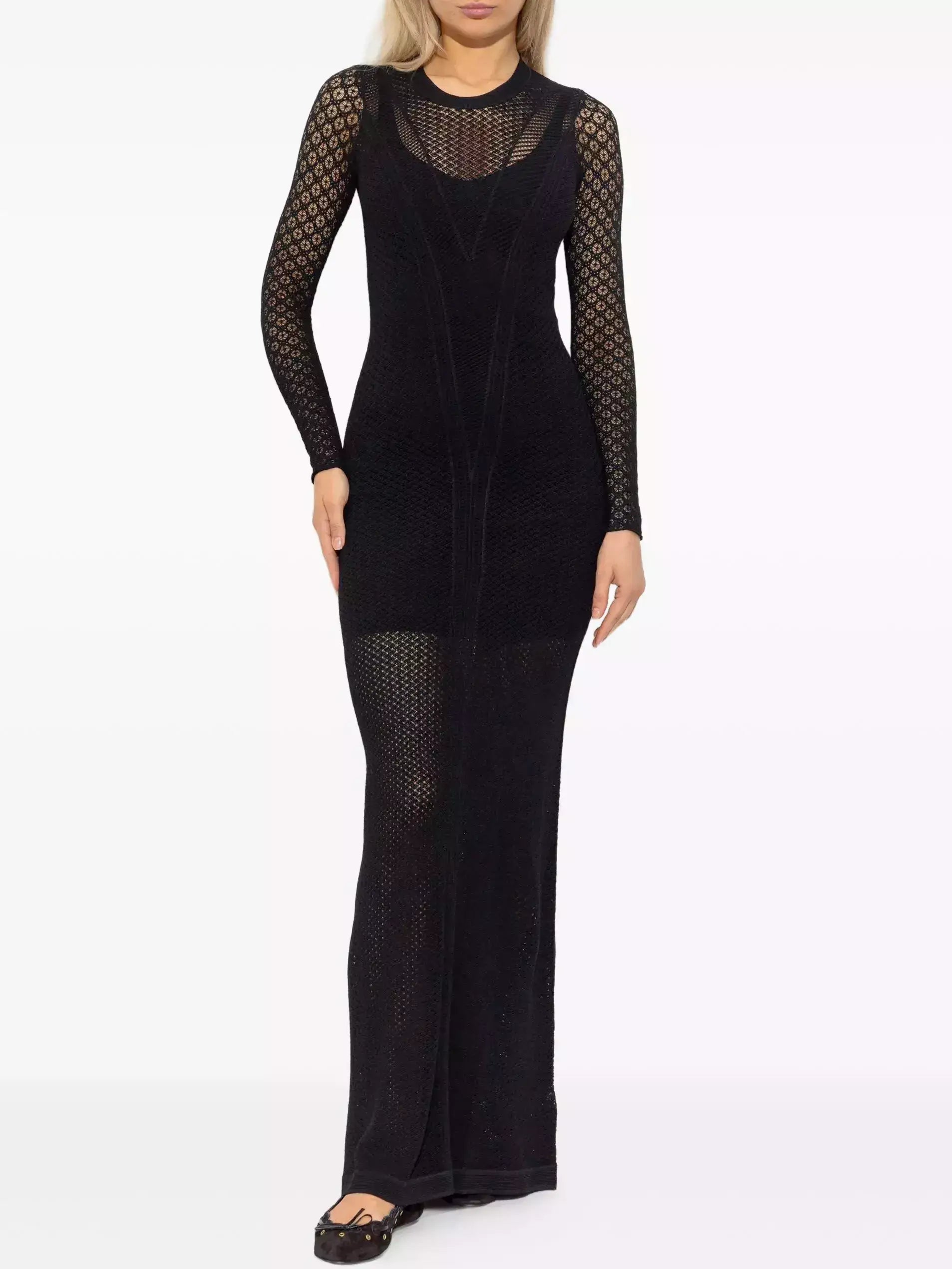 Long Black Sheer Knit Maxi Dress with Underslip - Dresses