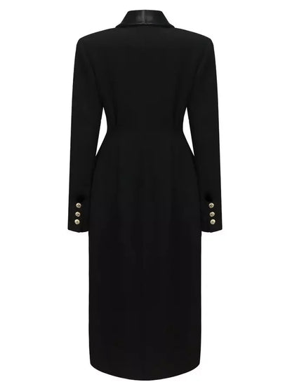 Long Black Single-Breasted Suit Coat with Satin Collar - Coats