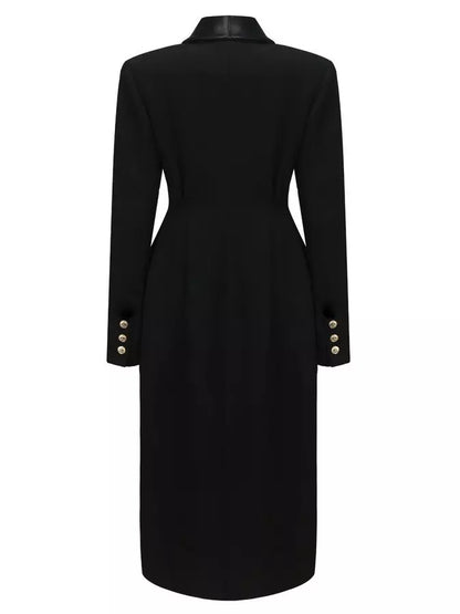 Long Black Single-Breasted Suit Coat with Satin Collar - Coats