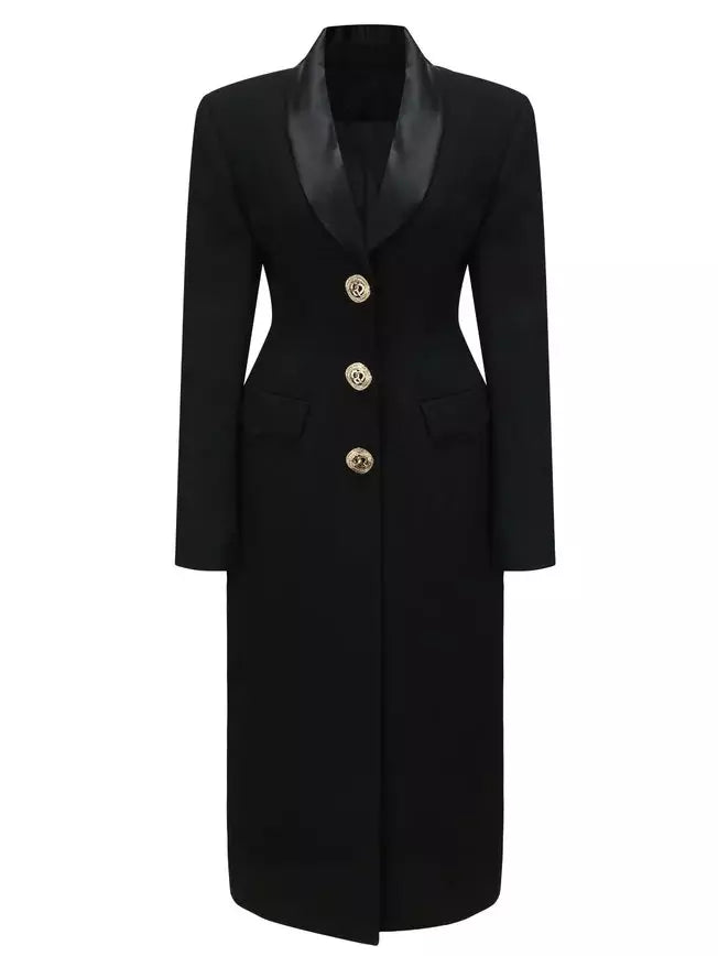 Long Black Single-Breasted Suit Coat with Satin Collar - Coats