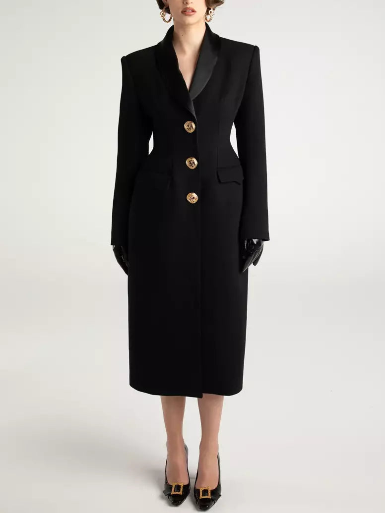 Long Black Single-Breasted Suit Coat with Satin Collar - Coats