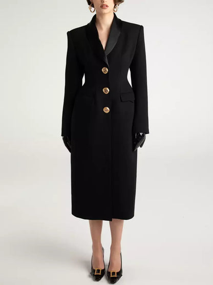 Long Black Single-Breasted Suit Coat with Satin Collar - Coats