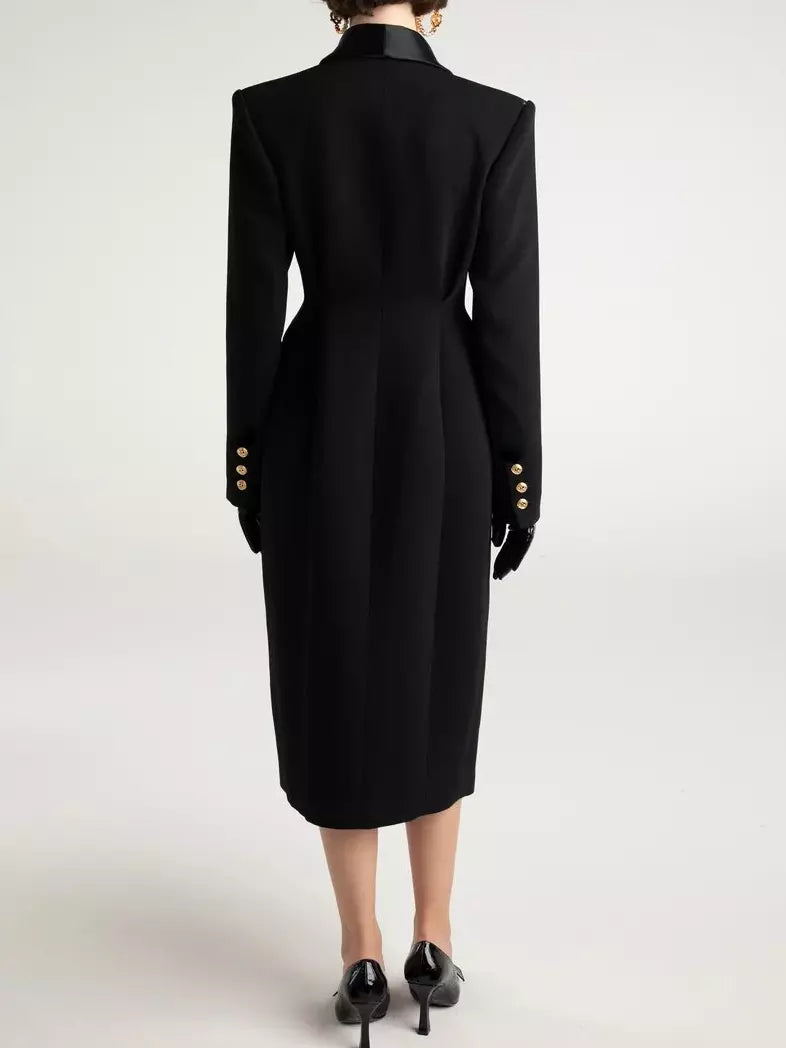 Long Black Single-Breasted Suit Coat with Satin Collar - Coats