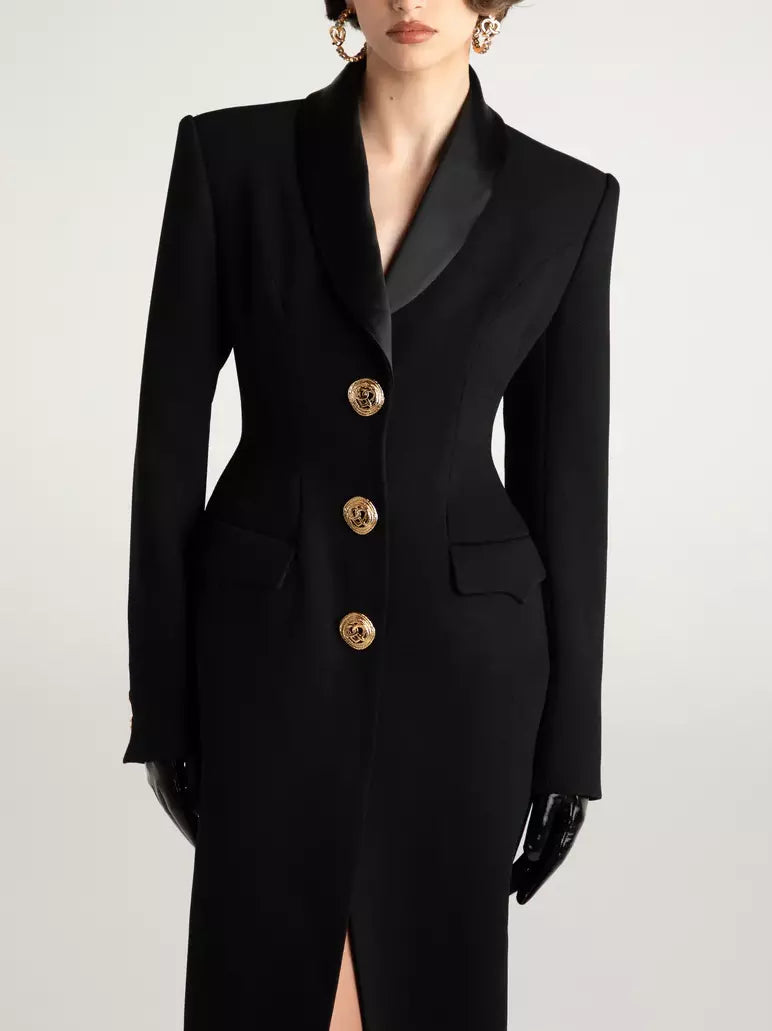 Long Black Single-Breasted Suit Coat with Satin Collar - Coats