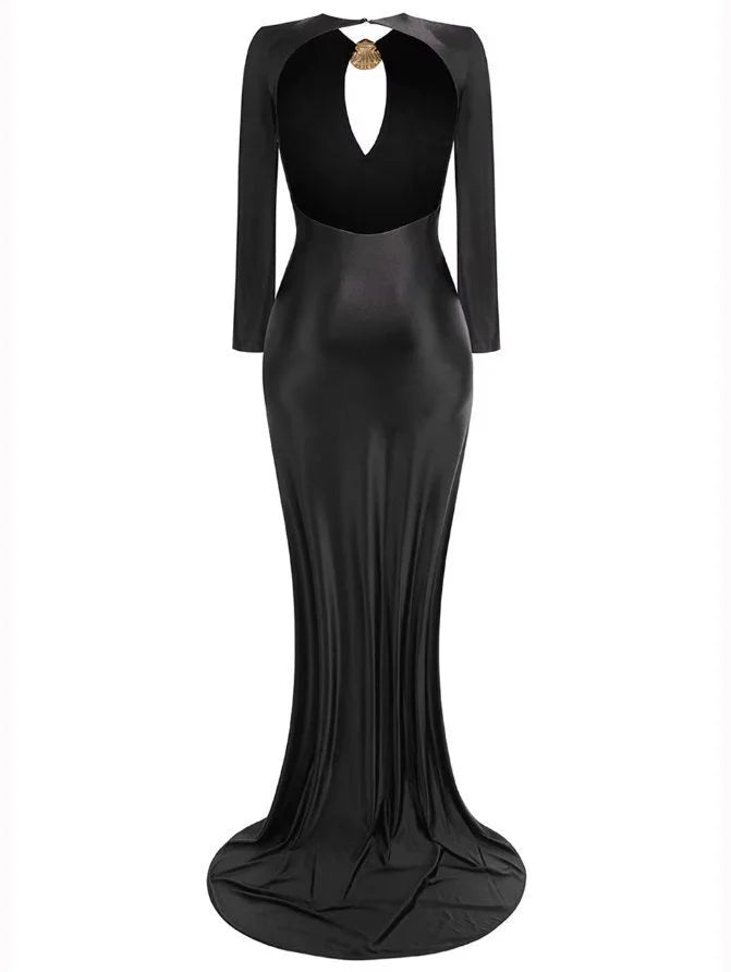 Long Black Stretch Jersey Gown with Gold Sea Shell Embellishment - Dresses