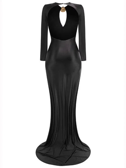 Long Black Stretch Jersey Gown with Gold Sea Shell Embellishment - Dresses