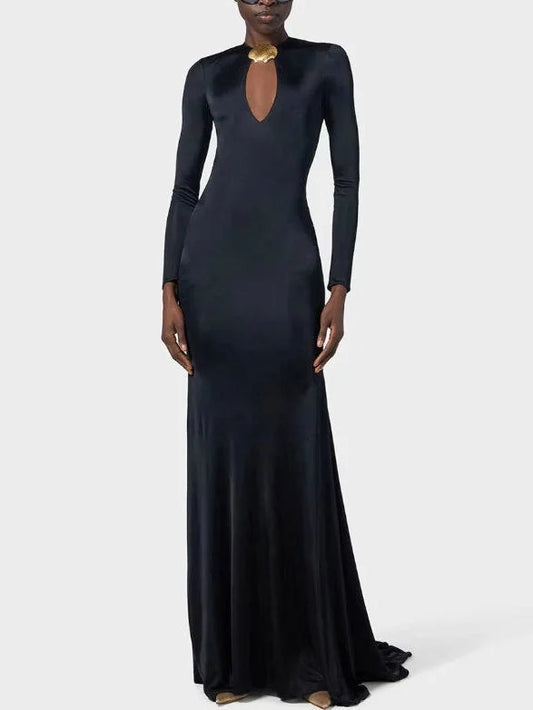 Long Black Stretch Jersey Gown with Gold Sea Shell Embellishment - Small - Dresses