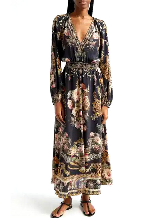 Long Black V-Neck Dress with Multicolored Print showcasing a vibrant floral design