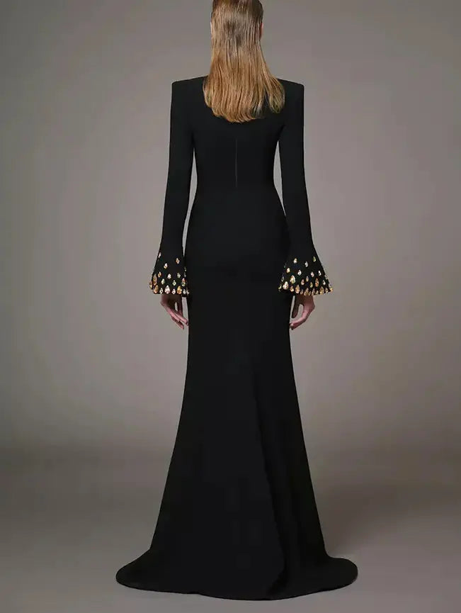 Long Black V-Neck Gown with Rhinestone Bell Sleeves - Dresses