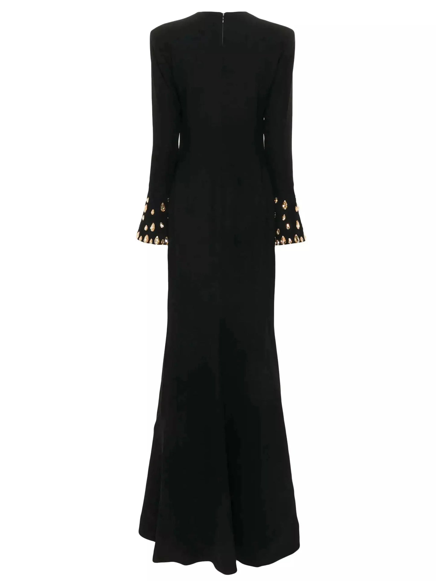 Long Black V-Neck Gown with Rhinestone Bell Sleeves - Dresses