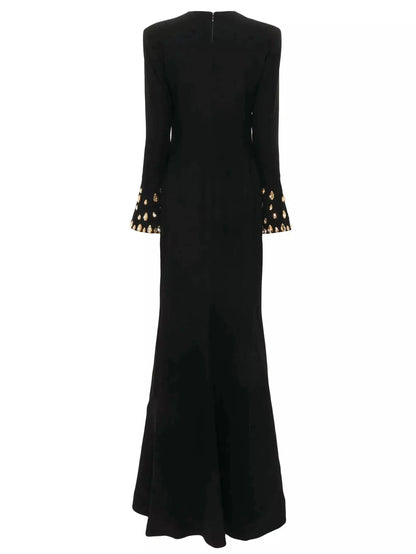 Long Black V-Neck Gown with Rhinestone Bell Sleeves - Dresses