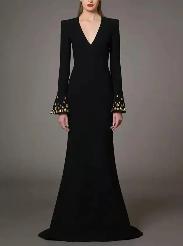 Long Black V-Neck Gown with Rhinestone Bell Sleeves - Dresses