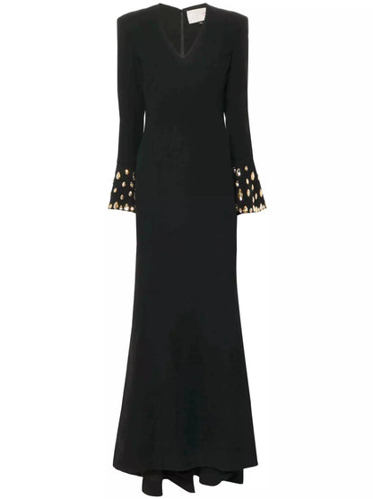 Long Black V-Neck Gown with Rhinestone Bell Sleeves - Dresses