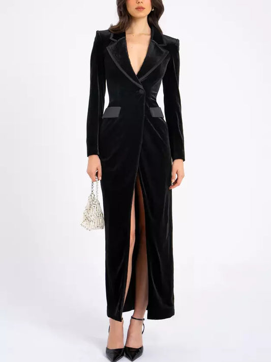 Long Black Velvet Blazer Dress - Dresses