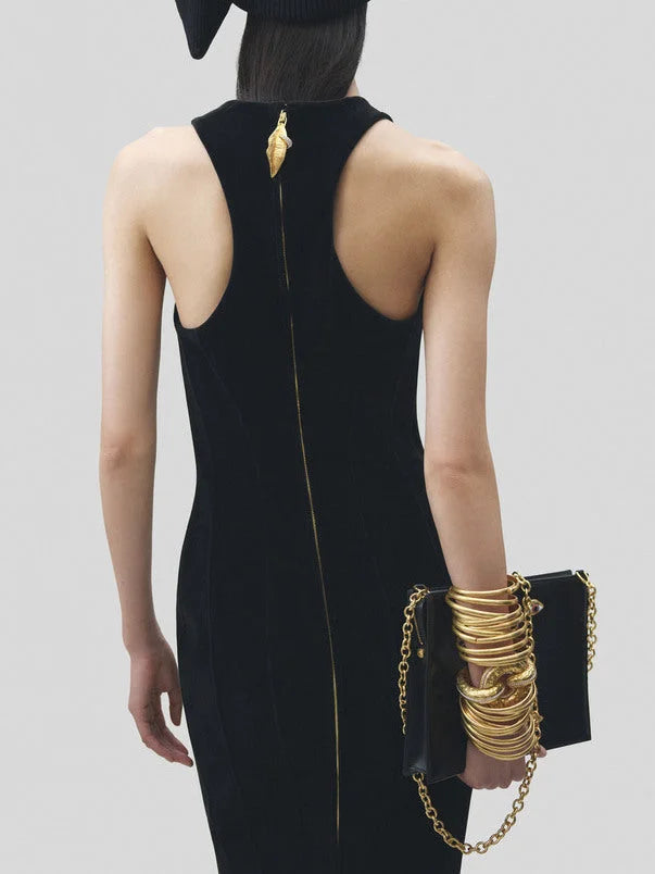 Long Black Velvet Dress with Gold Key Cut-Out - Dresses
