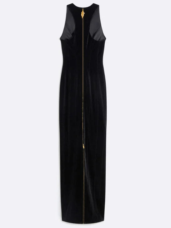 Long Black Velvet Dress with Gold Key Cut-Out - Dresses