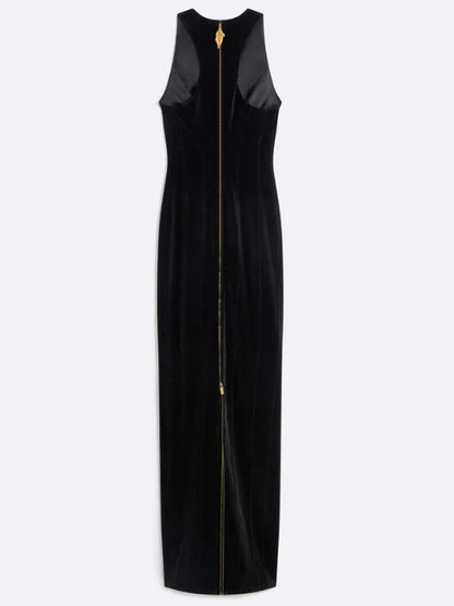 Long Black Velvet Dress with Gold Key Cut-Out - Dresses
