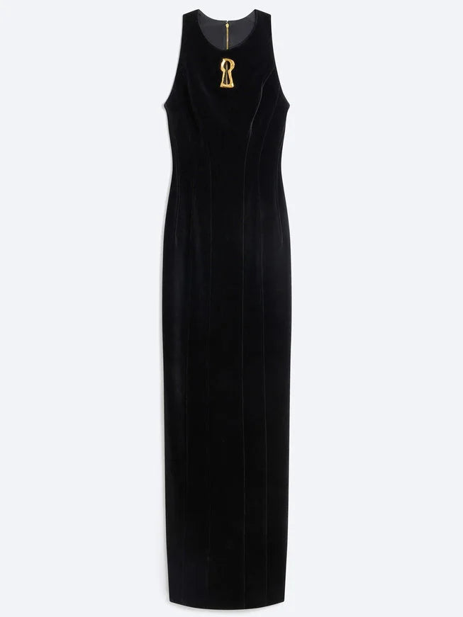 Long Black Velvet Dress with Gold Key Cut-Out - Small - Dresses
