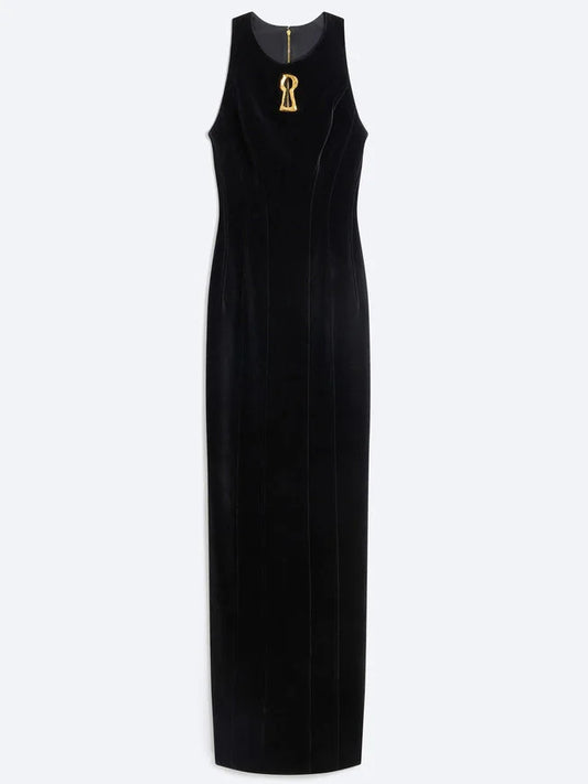 Long Black Velvet Dress with Gold Key Cut-Out - Small - Dresses