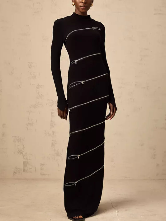 Black zip-embellished dress featuring long sleeves and stylish zipper accents