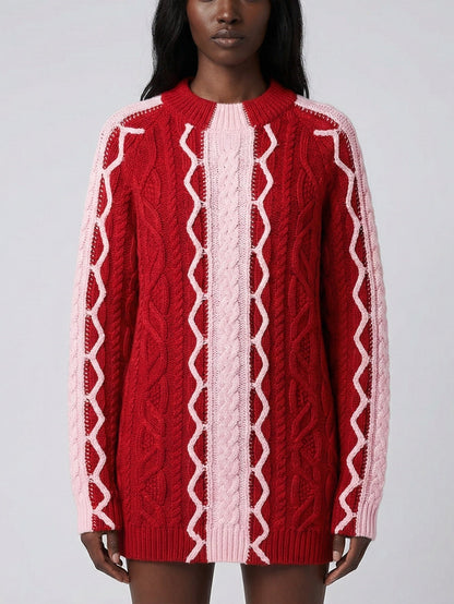 Long Cable-Knit Sweater with Contrast Panels - Sweaters & Knitwear