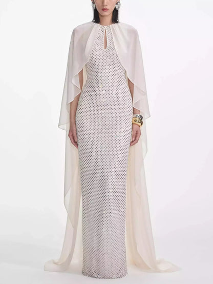 Long Cape Dress with Crystals in Cream - Dresses