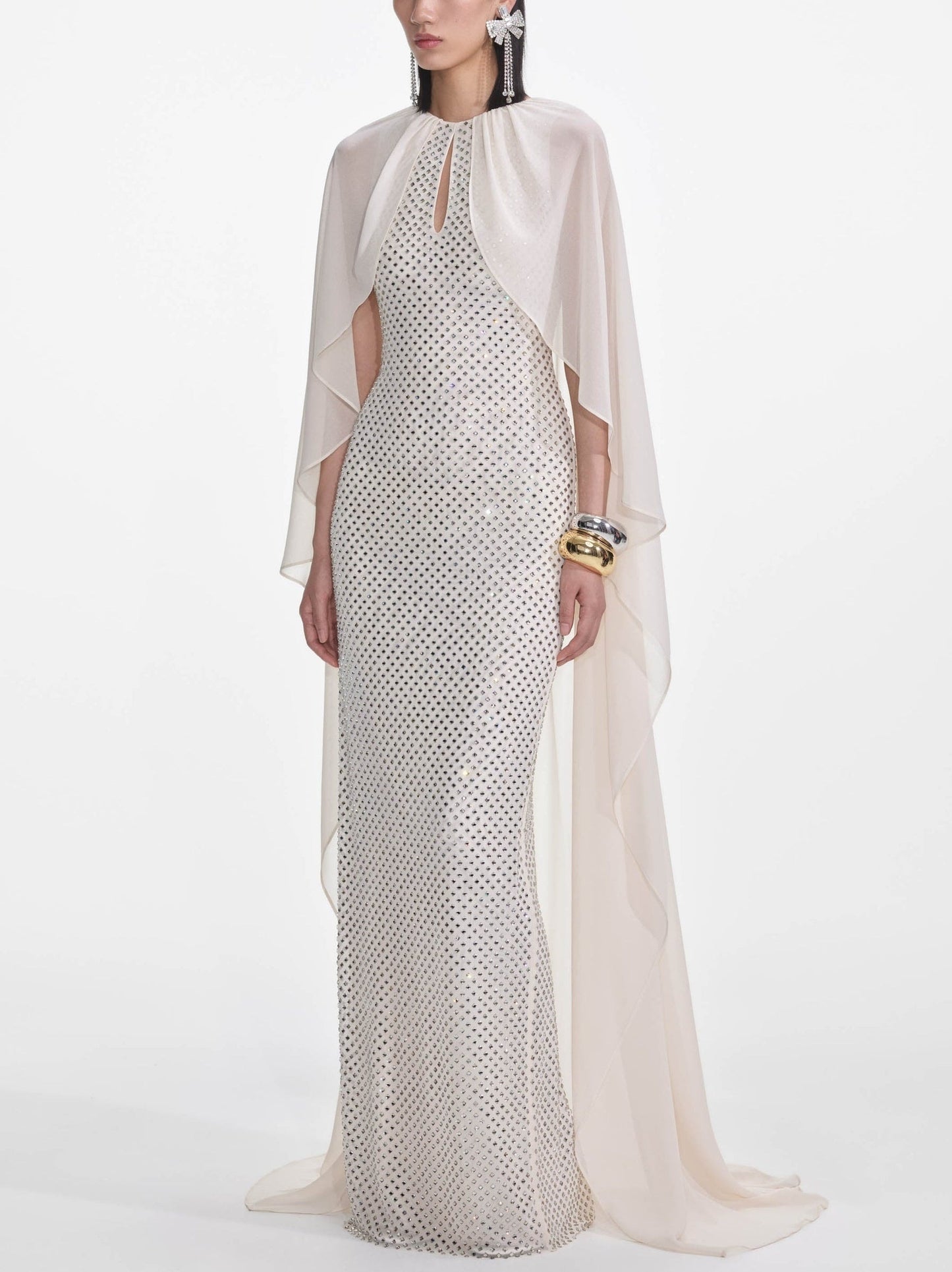 Long Cape Dress with Crystals in Cream - Dresses