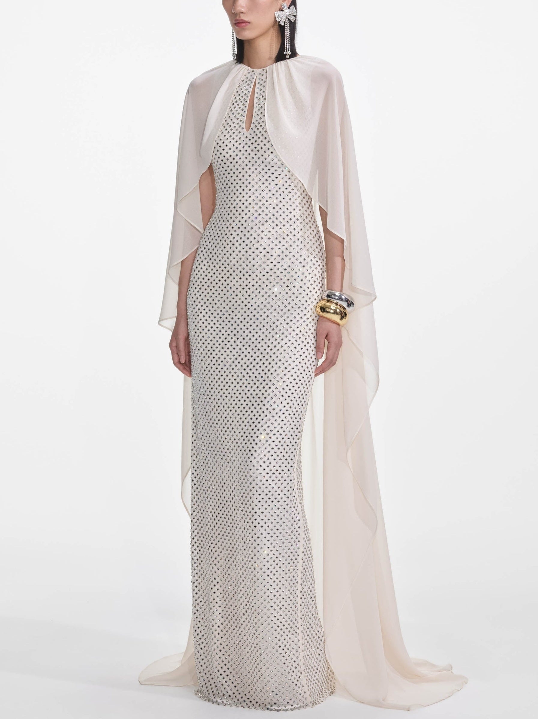 Long Cape Dress with Crystals in Cream - Dresses