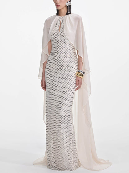Long Cape Dress with Crystals in Cream - Dresses