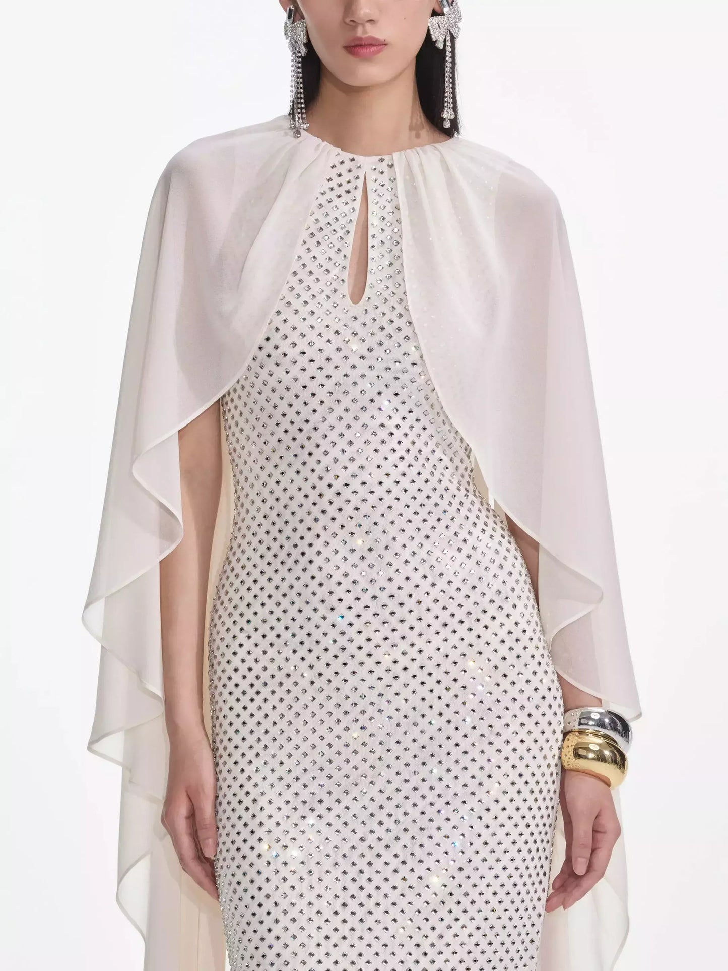 Long Cape Dress with Crystals in Cream - Dresses