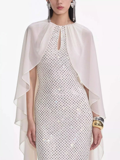 Long Cape Dress with Crystals in Cream - Dresses