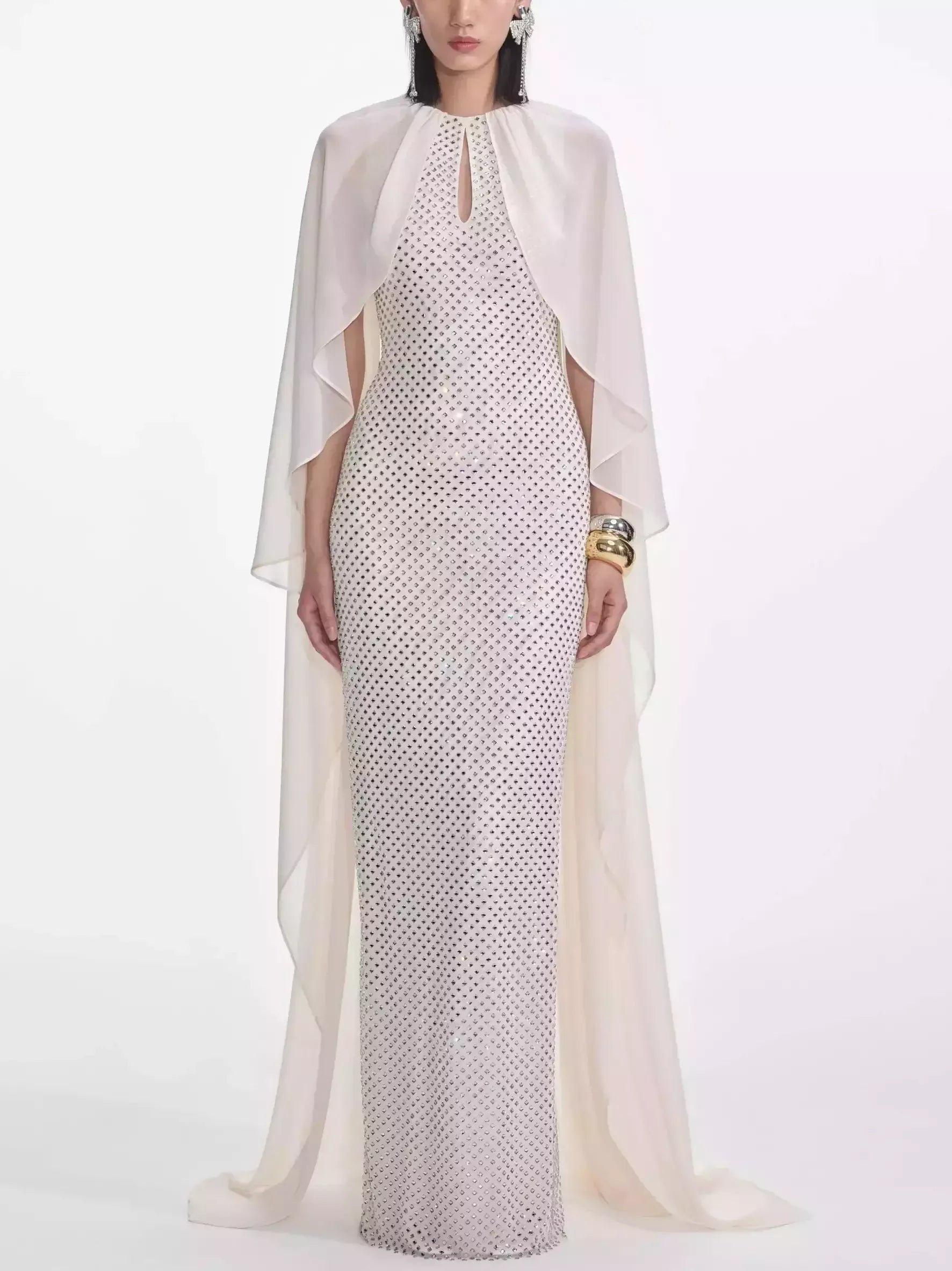 Long Cape Dress with Crystals in Cream Crystal Cape Gown
