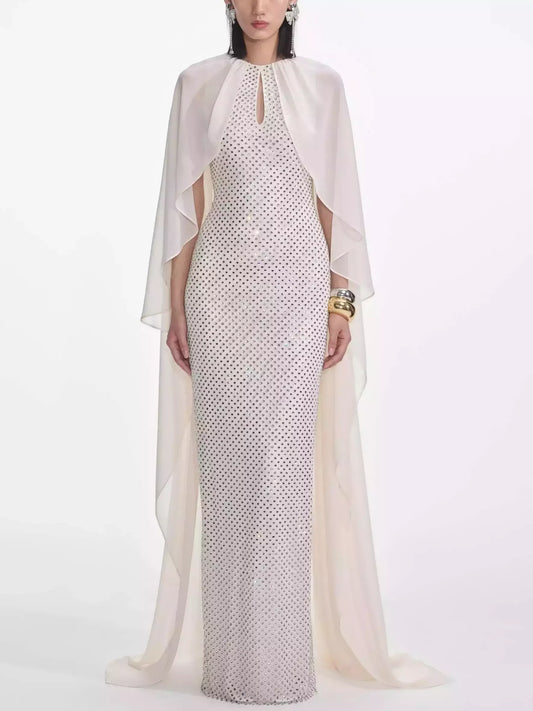Long Cape Dress with Crystals in Cream - Dresses