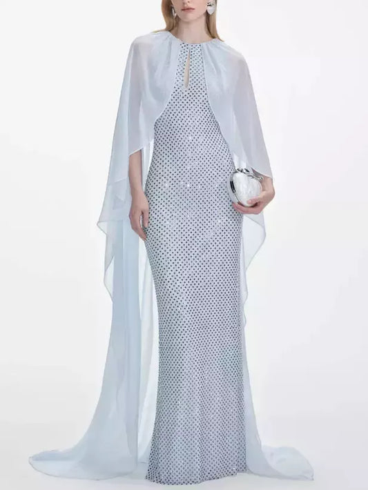 Long Cape Dress with Crystals in Light Blue - Dresses