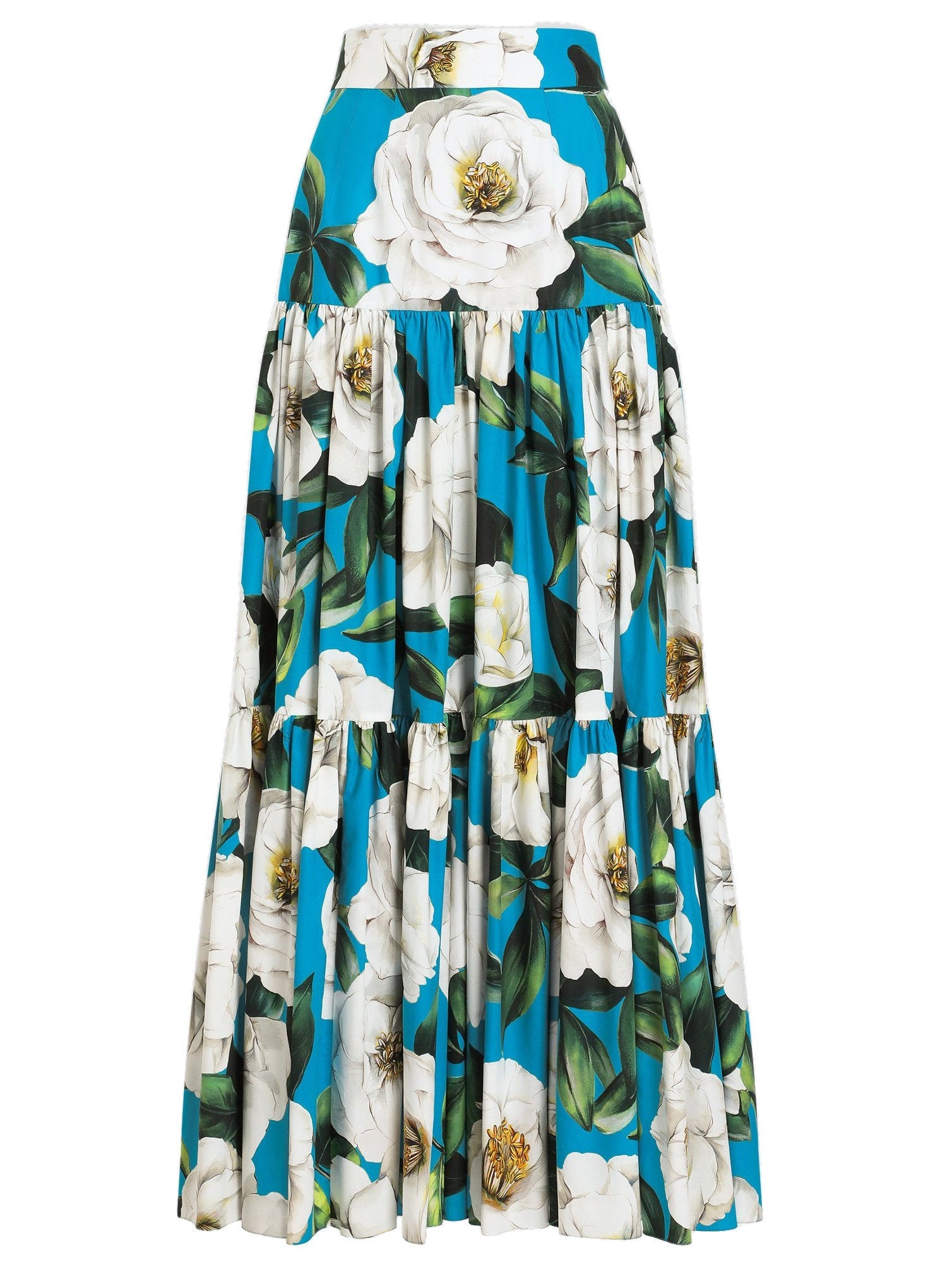 Long Floral Gardenia Print Cotton Tiered Skirt - Skirts
