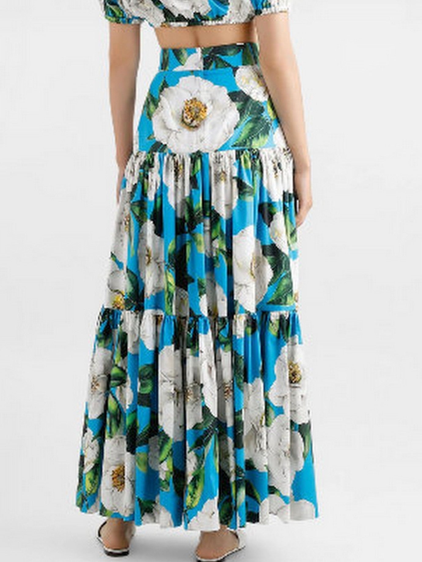 Long Floral Gardenia Print Cotton Tiered Skirt - Skirts