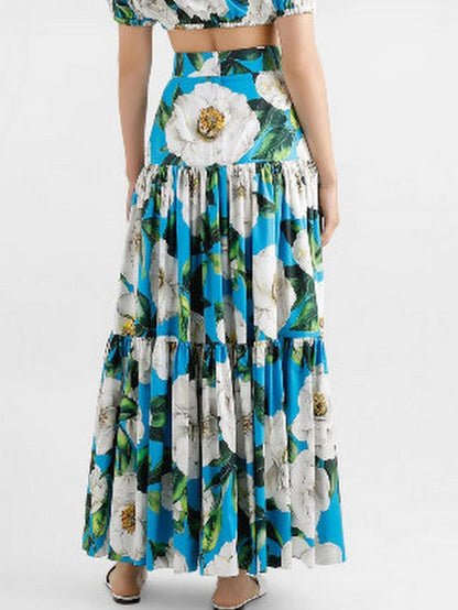 Long Floral Gardenia Print Cotton Tiered Skirt - Skirts