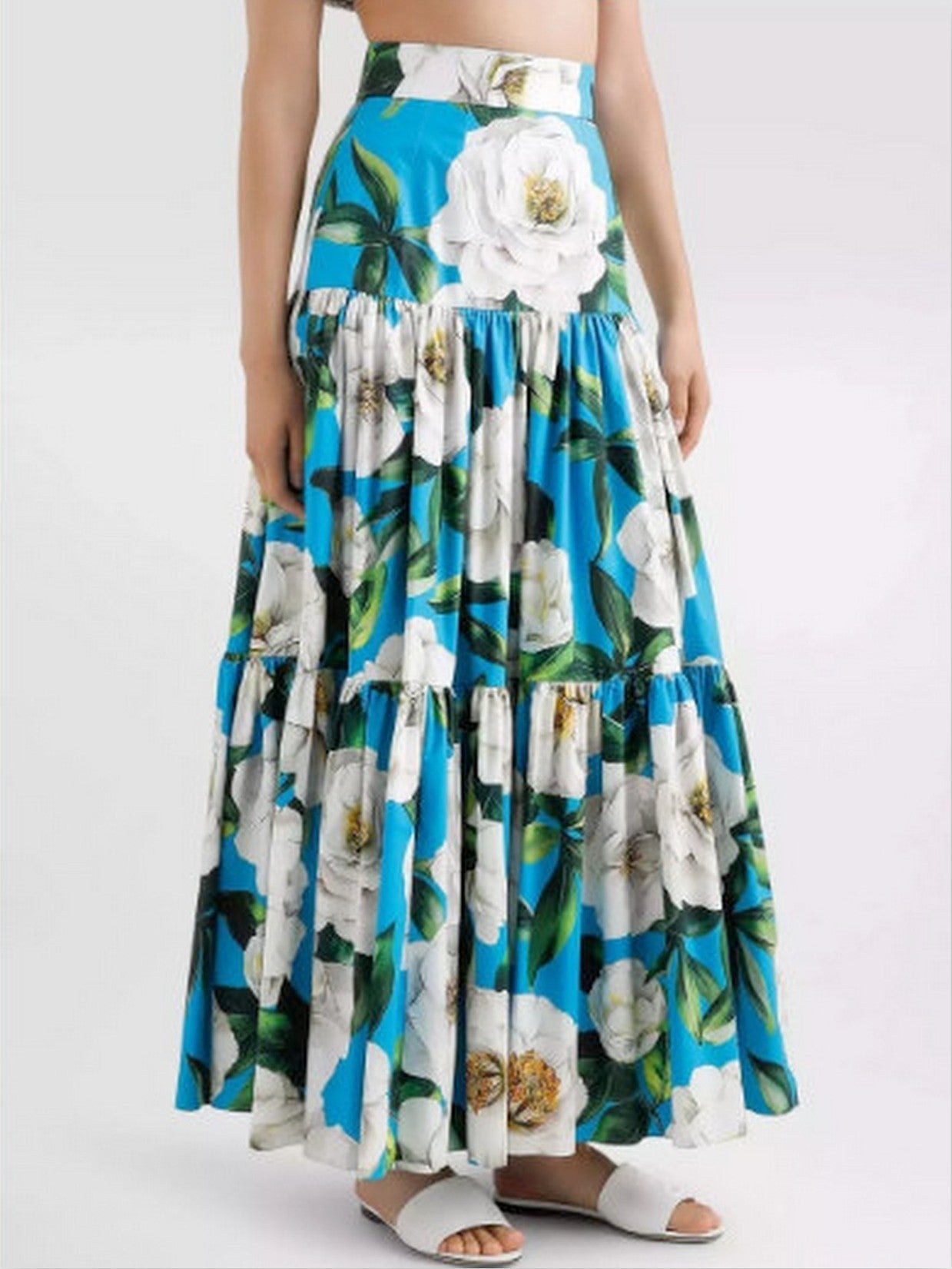 Long Floral Gardenia Print Cotton Tiered Skirt - Skirts