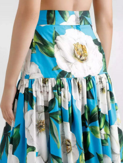 Long Floral Gardenia Print Cotton Tiered Skirt - Skirts